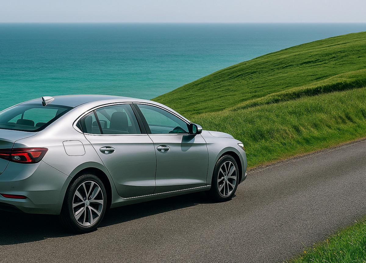 Mit dem Mietwagen Irland entdecken Auto auf einer Landstraße an einer Uferstraße in Irland