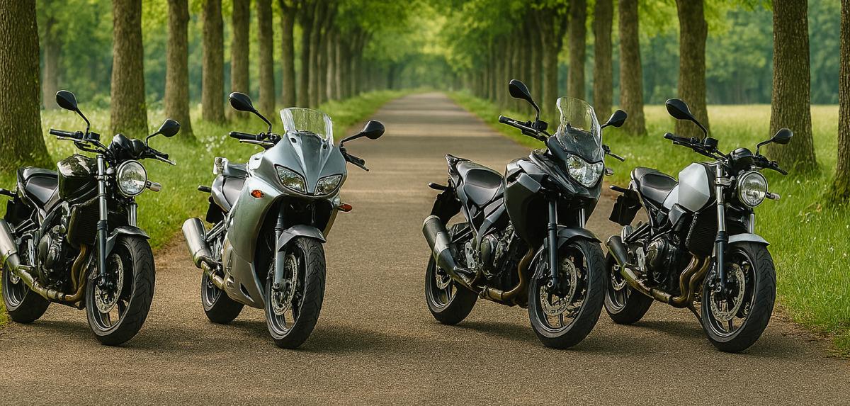 Performance trifft Präzision: So bringst du dein Bike auf das nächste Level 4 Motorräder stehen auf einer Allee mit vielen Bäumen