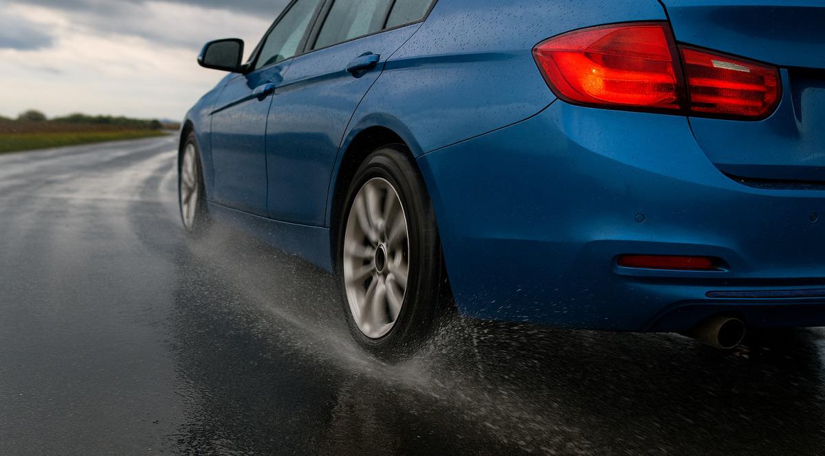 ABS und ESP: Sicherheitsfunktionen moderner Fahrzeuge Blaues Fahrzeug kommt auf nasser Fahrbahn ins Schleudern
