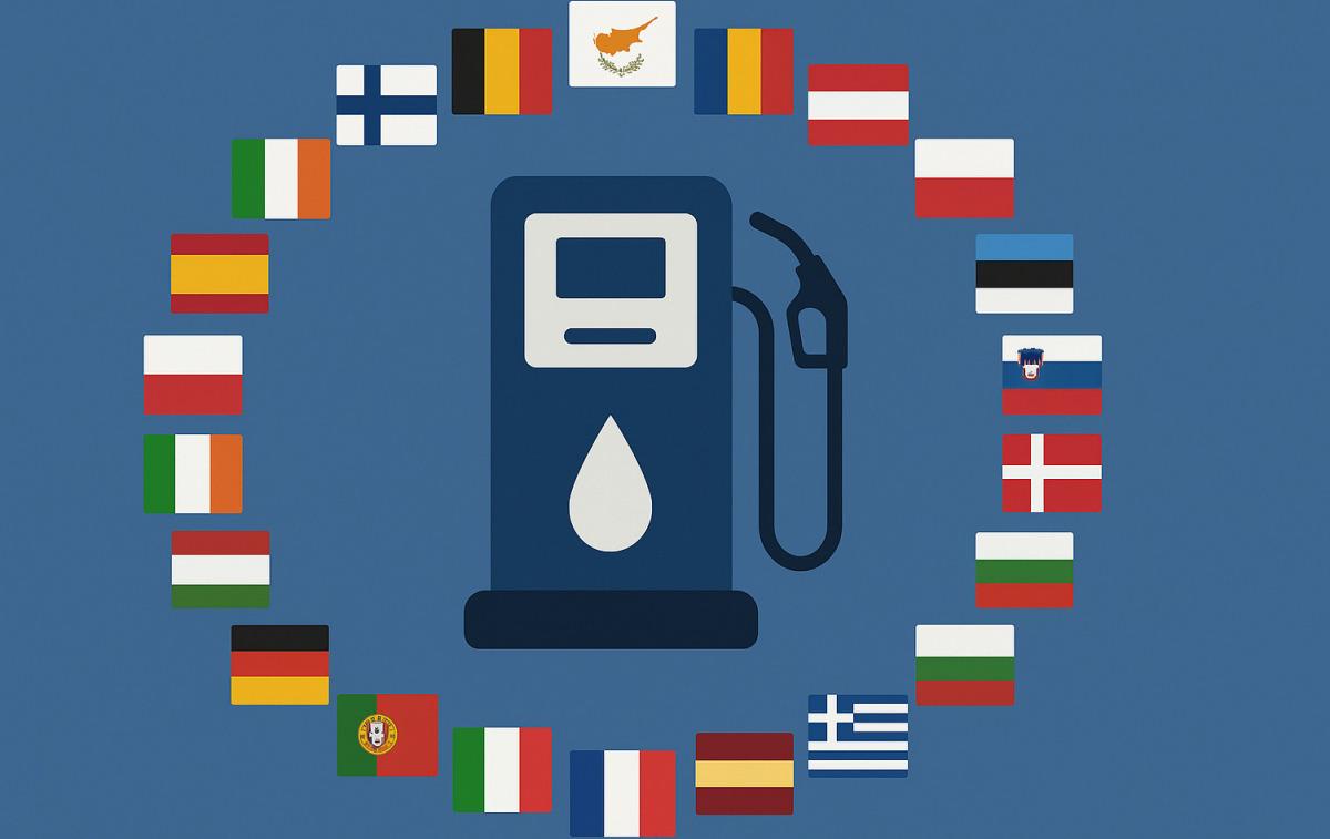 Spritpreise in Europa Tanksäule, die von Flaggen der europäischen Mitgliedstaaten umgeben ist